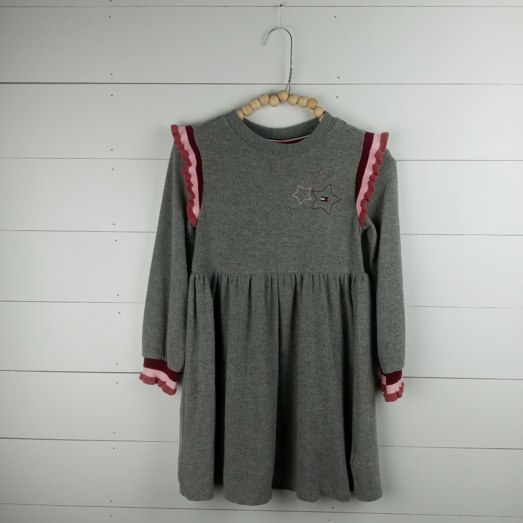 Tommy Hilfiger Girls Size 6 Gray With Ruffle Striped Hems Star Stitched Dress